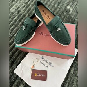 Loro Piana summer charms walk loafer, size 38. Ribbon green suede.